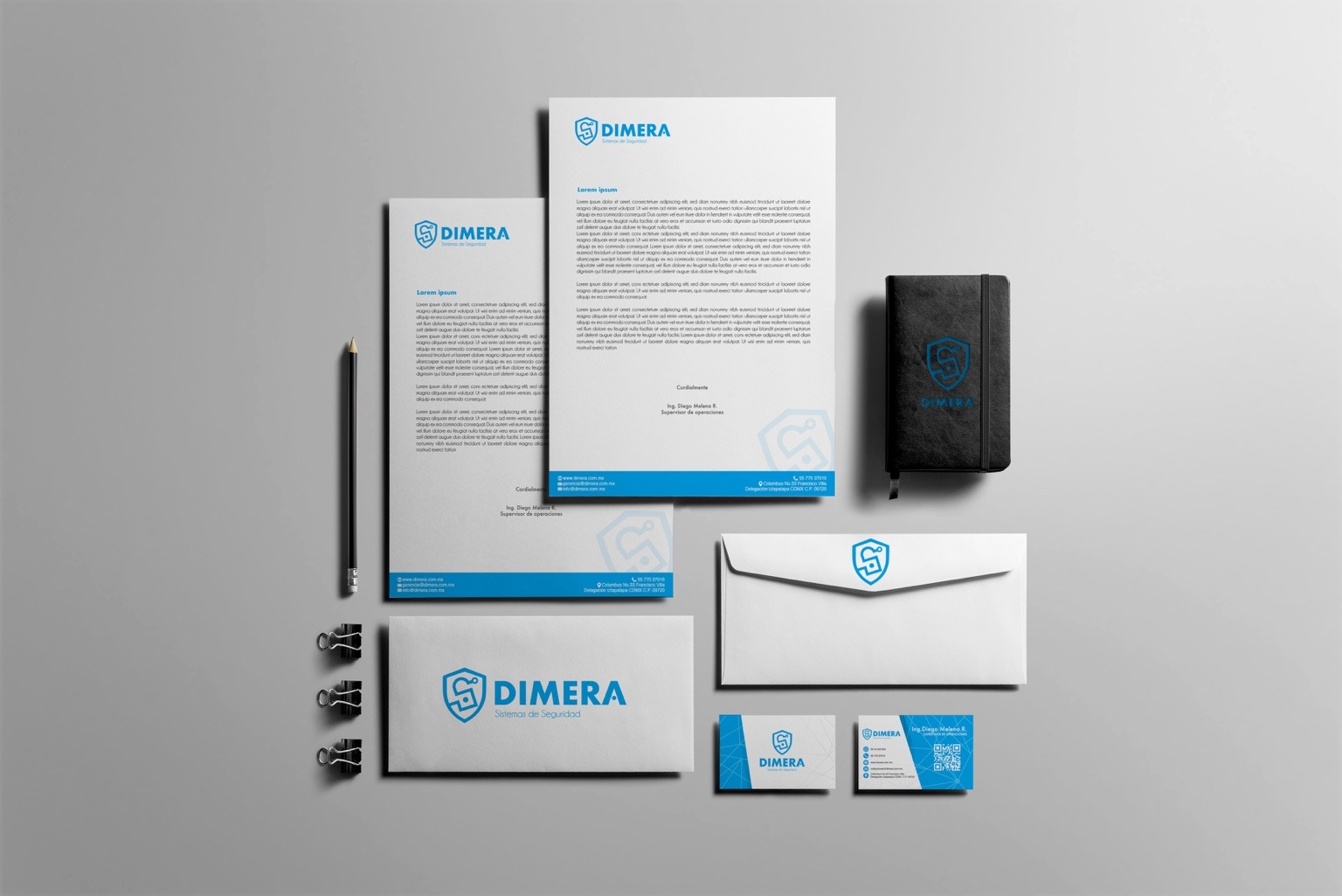 Dimera: identidad aplicada a papelería, tarjetas y libreta