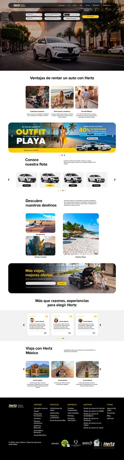 Diseño completo del sitio Hertz: buscador, promociones, flota, destinos y pie de página