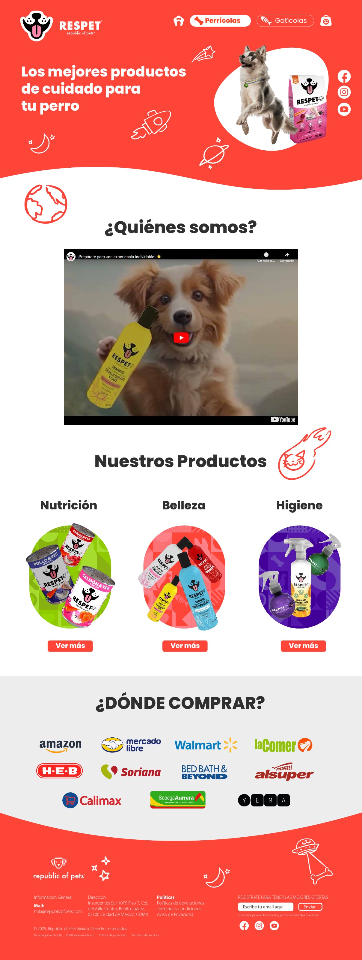 Página Republic of Pets con presentación de marca y categorías de productos para mascotas
