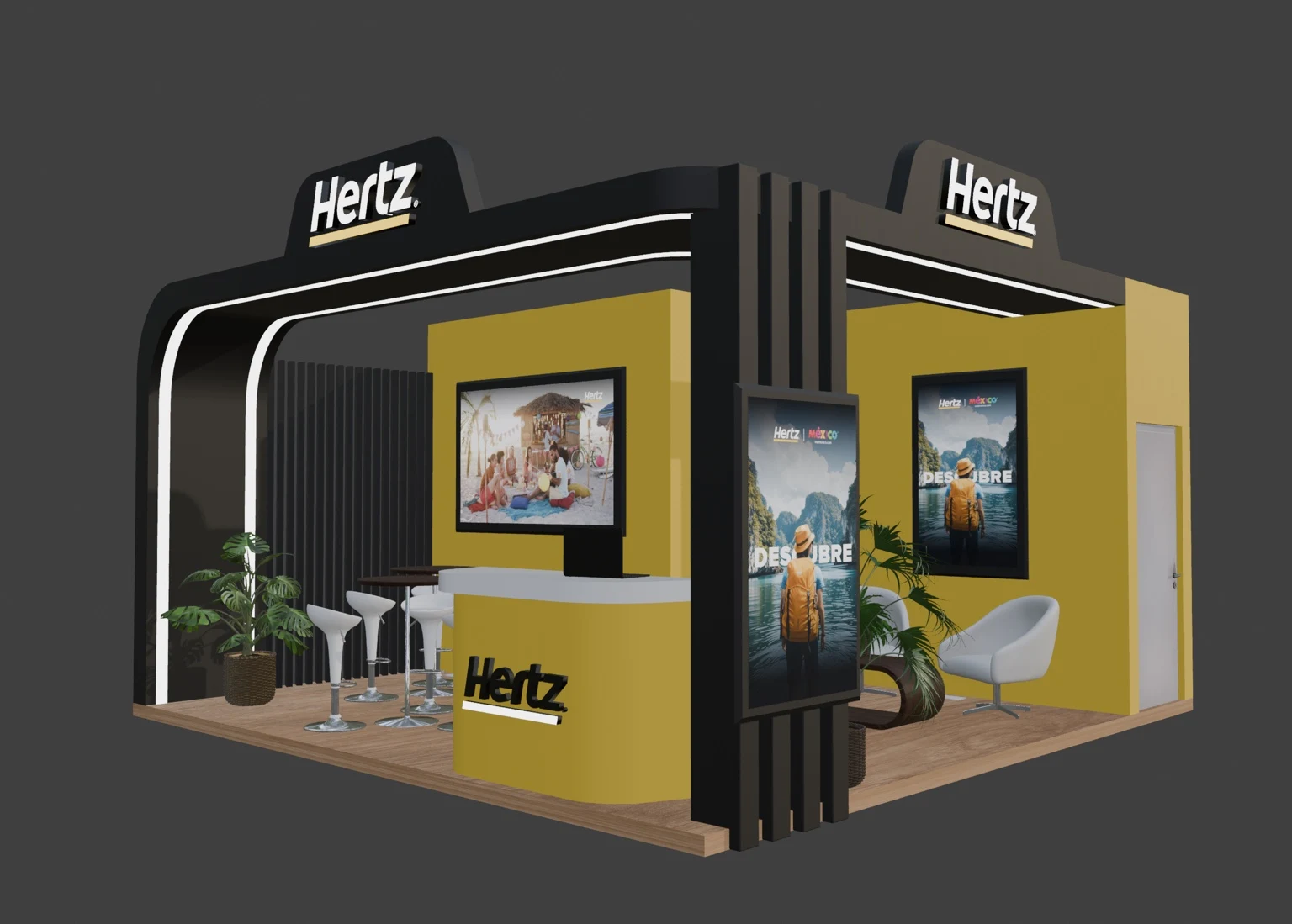 Hertz · Stand con estructura curva, vista en perspectiva