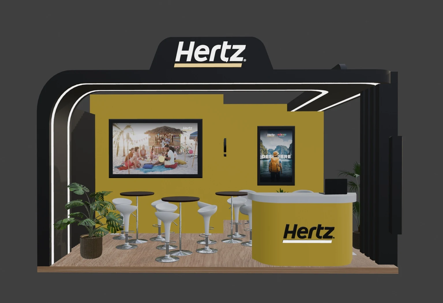 Hertz · Stand con estructura curva, vista frontal