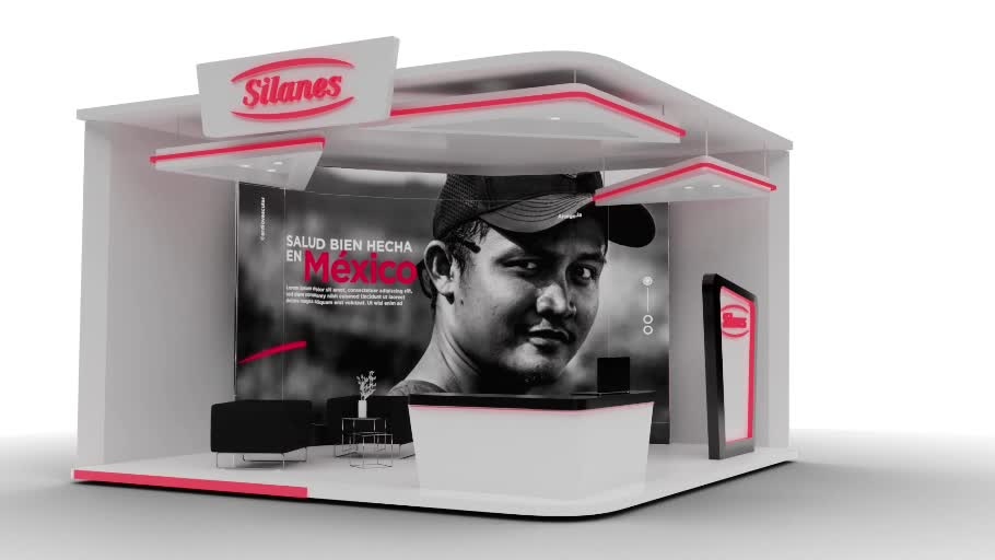 Stand Silanes: estructura blanca con acentos rojos y área de atención